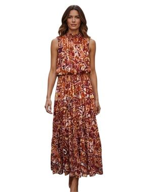MSK Rust Paisley Floral Tiered Maxi Sleeveless Smocked Dress Medium NWT